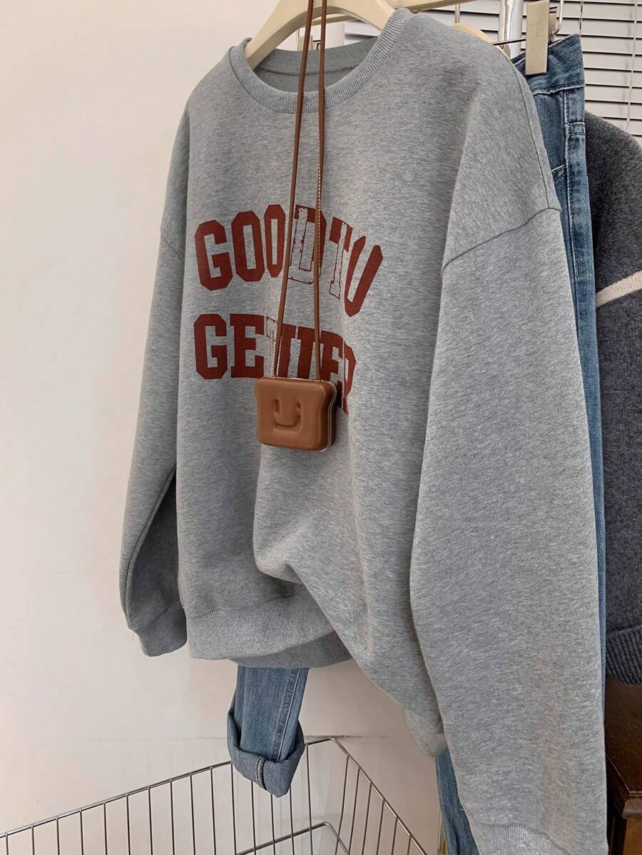 SHEIN 女式字母印花休闲宽松落肩圆领套头衫秋季