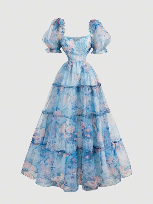 SHEIN MOD Puff Sleeve Bowknot Decor Waist Cinched Vintage Floral Print Blue Long Dress, Organza Dress,  Blue Flower Dress,  Garden Party Dress,  Fairy Dress, Summer Dresses For Women, Vacation Outfits Woman, Beach Outfits For Woman, Summer Dresses