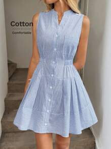 Easowa 立领纽扣前部松紧腰褶皱 A 字形无袖休闲度假优雅迷你连衣裙，棉质条纹面料 - 藍白色 - 查看 6