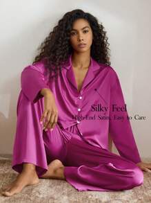 Ocili Leisure Women's Satin Smooth Comfortable Loose Long Sleeve And Pants Pajama Set - Hot Pink - View 1