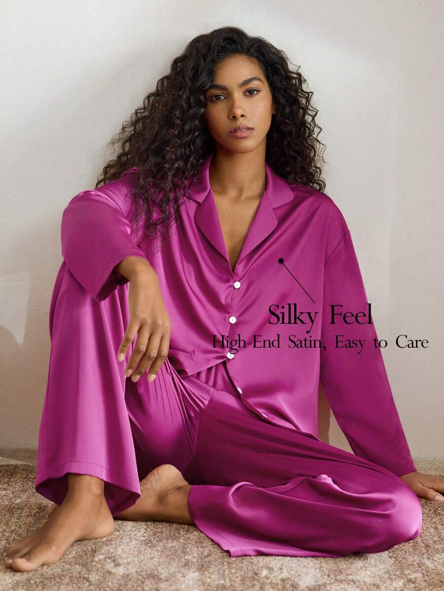 Ocili Leisure Women's Satin Smooth Comfortable Loose Long Sleeve And Pants Pajama Set - Hot Pink - View 1