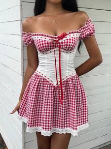 Comfortcana 女式休闲格子拼布露肩迷你连衣裙，夏季