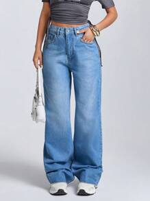 EURMUSE Gerade geschnittene, hochgeschnittene Jeans mit einfarbiger Schrägttasche, Lässig - Mittele Waschung - Übersicht 1