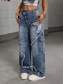 Denimly Women's Asymmetrical Waist Drawstring Zip Closure Jeans, Preppy Outdoorsy Style With Star Embroidery Patches, Versatile Streetwear And Casual Wear - Medium Wash - View 5