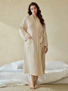 Ocili Leisure Pure Cotton Comfortable Double-Layer Gauze Soft Tie Waist Plus Size Bathrobe, Cozy Outfit, Fall & Winter - Apricot - View 7