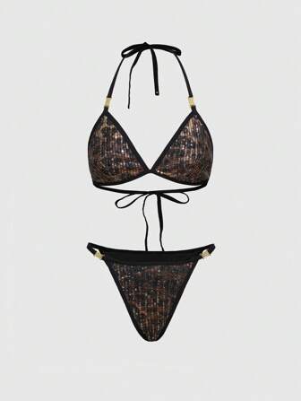 ROMWE Avant Ensemble de soutien-gorge sans fil pailleté léopard pour festival de musique et fêtes pour femmes