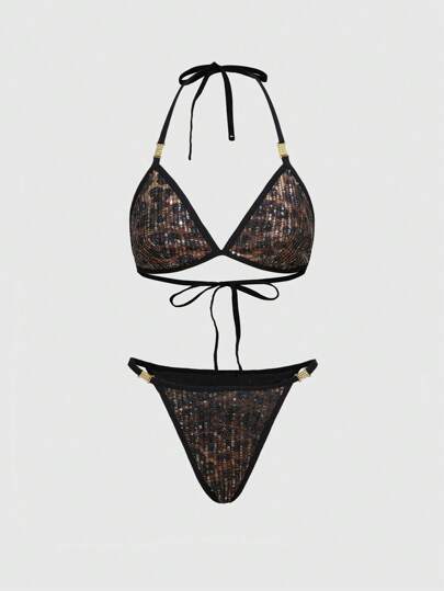 ROMWE Avant Fashion Music Festival Party Leopard Sequin Wireless Bra Set For Women