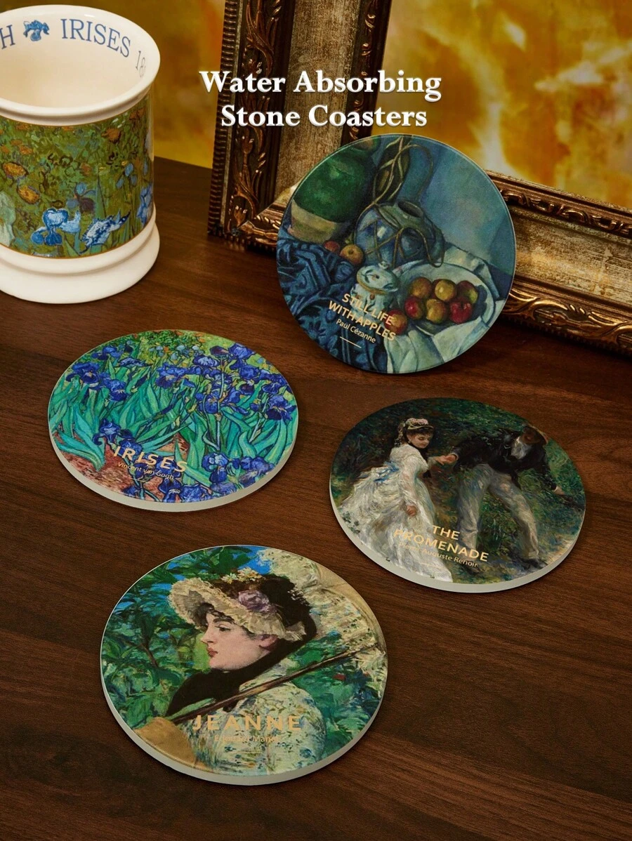 SHEIN Touch of Art Bộ 4 miếng lót cốc, miếng lót cốc bằng gốm thấm nước, dùng để bảo vệ mặt bàn, trang trí bàn cà phê, rất thích hợp để trang trí nhà cửa và làm quà tặng khi chuyển nhà, Vincent Van Gogh - Nhiều màu - Xem 1