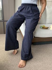 Dazy Plus Plus Elastic Waist Striped Relaxed Straight Fit Lounge Pants Pajama, Fall, Cozy - Navy Blue - View 7