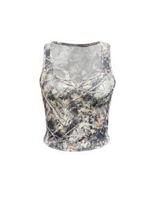 INAWLY 女士树叶迷彩镂空 V 领修身时尚背心图案 T 恤女士上衣 - 白色 - 查看 5