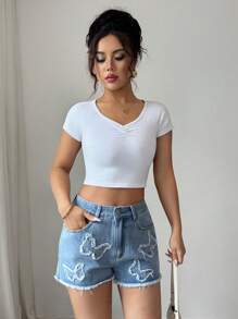 Elenzga Damen Mode Ripped Denim Shorts mit Schmetterling Stickerei - Helle Waschung - Übersicht 7