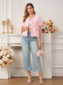 Gownix Chaqueta de mujer de manga corta con bolsillos y botones metálicos de boucle - Rosa - Ver 2