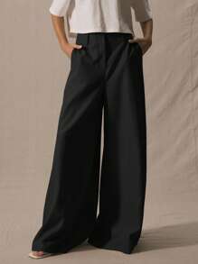 MUSERA Tailored Extreme Wide Leg Trousers Deep Waistband Elegant Professional Business Casual Vacation Fall Winter Autumn Work Office Old Money Date Night Going Out Back To School Wedding Guest Suit Tailored Cute Brunch Spring Vacation Solid Colour - Black - View 2