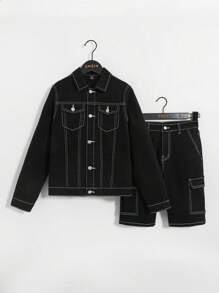 SHEIN 男童两件套时尚休闲复古Y2K清新舒适宽松黑色牛仔翻领长袖外套和一套舒适透气弹力紧身牛仔短裤，适合儿童日常穿着，也适合春夏派对、节日和海滩穿着。 - 黑色 - 查看 6