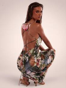 SHEIN BAE Women's Backless Hanging Neck Extra Long Dress,Olive Green,Summer,70s Retro,Party,Vacation,Full Print Butterfly Orchid Ornaments Bohemian Style - Pink - View 3