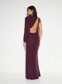KIZN Asymmetric One Sleeve Sparkle Maxi Dress Holiday Party Evening Gown Wedding Guest Floor Length Glitter Formal Dress Backless - Burgundy - View 2