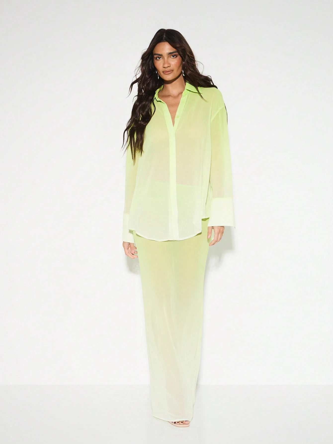 KIZN Lightweight Oversized Button Down Chiffon Sheer Long Sleeve Blouse