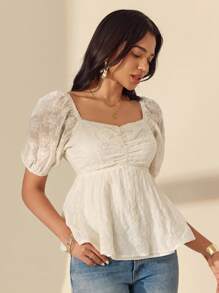 Almamuse Women Elegant Romantic Embroidered Short Sleeve Blouse - White - View 6