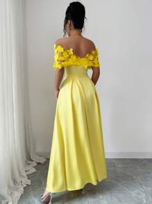 Selianne 女式春夏波西米亚风休闲优雅拼布网眼贴花蝴蝶刺绣连衣裙 - 黃色 - 查看 2