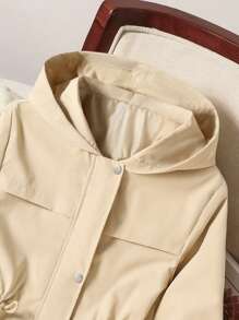 Tween Girl Fashionable Casual Hooded Long Drawstring Waist Versatile Jacket, Suitable For Spring & Autumn Daily Fall Winter - Khaki - View 4