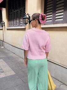 Chiquease Women's Casual Simple Solid Color Knit Top With Bow Decor - Pink - View 2