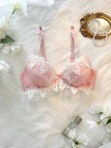 DelicateAllure 女士 3D 轮廓、褶边、可爱、心形、迷人、聚拢文胸 - 粉色 - 查看 5