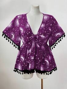 Sunspun Plus Size Women Sun V-Neck Tie Tassel Vacation Casual Shirt Boho - Purple - View 3