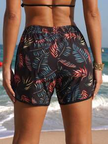 SHEIN Swim SPRTY Women's Summer Vacation Beach Leaf Print Drawstring Waist Boardshorts - Multicolor - View 2