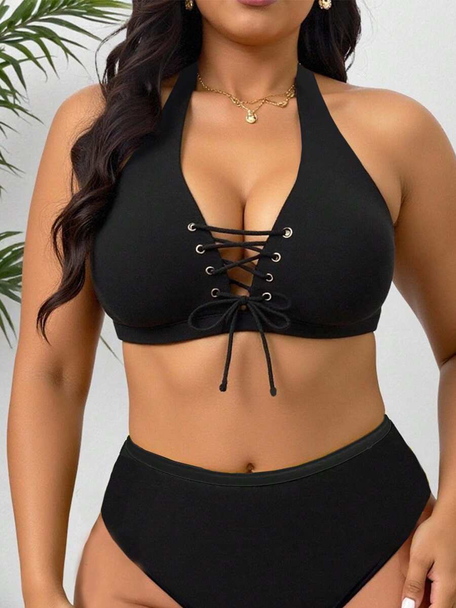 Swim SXY Plus Size Women Solid Color Vacation Bikini Top For Summer - Black - View 1
