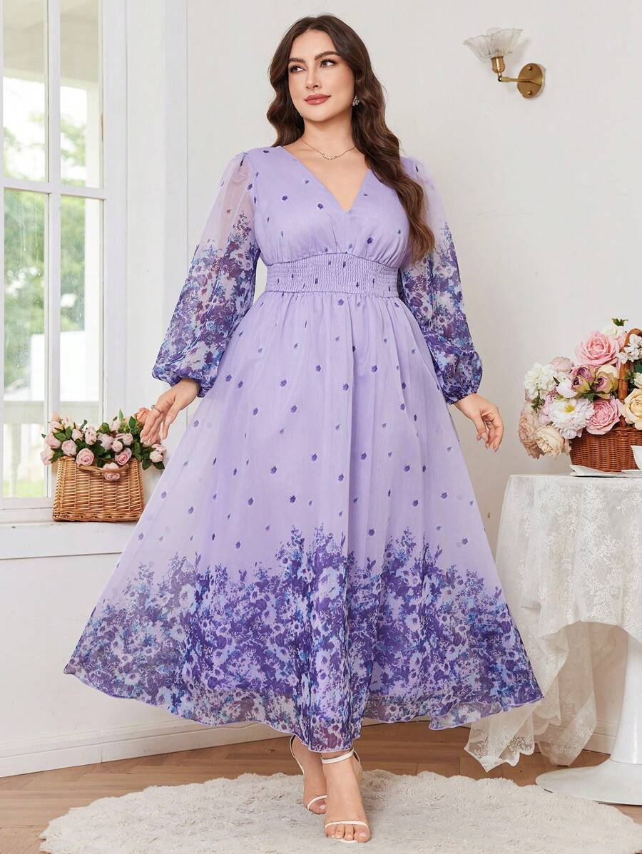 Modelyn New Luxury Elegant Maxi V-Neck Long Sleeve Dress With Voluminous Skirt