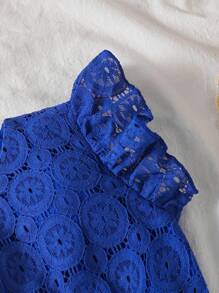 SHEIN Tween Girl Ruffled Lace Jacquard Fabric Top And Pants Set - Royal Blue - View 4