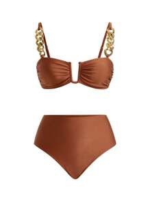 Swim Oasis Women Solid Color Metal Chain Detailed Split Bikini Set Set With Twist Front Skirt