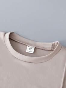 SHEIN Explorewe Bộ đồ hai mảnh thiết kế sọc 3D màu trơn thời trang Tween Boy - Màu be - Xem 6