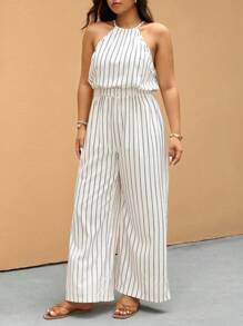 Elaquor Plus Size Striped Print Halter Neck Sleeveless Jumpsuit, Casual Summer - White - View 7