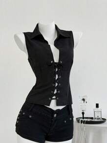 SHEIN Unity Camisa sin mangas con botones y ojales, de unicolor, para verano - Negro - Ver 5