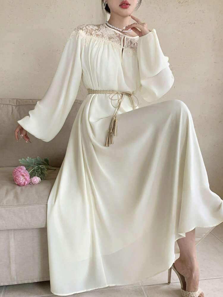 Elegant Ladies Lace Splice Long Sleeve Midi Dress, Casual Drawstring Waist Decor For Vacation Cocktail Party & Wedding, Spring/Autumn