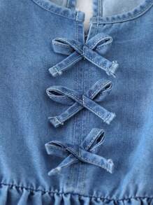 SHEIN Vestido casual de niña con mangas de farol, decorado con moño y lavado en azul denim, adecuado para primavera y verano, uso diario, actividades al aire libre, fiestas escolares y ocasiones