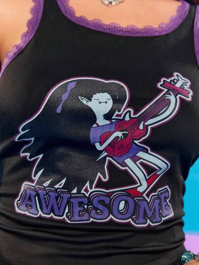 Adventure Time X ROMWE Contrast Lace Letter & Figure Portrait Pattern Fitted Tank Top