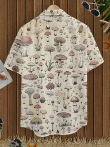 Manfinity RSRT Men's Summer Mushroom Print Single-Breasted Casual Short Sleeve Shirt