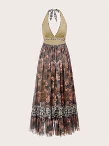 TryMe Colorblock Halter Open Shoulder Dress For Women Vacation Grey Leopard Print Leopard Print Summer Boho Breezy European Tropical Beach Vacation - Multicolor - View 2