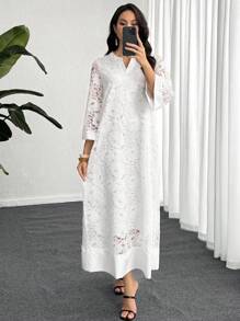 SHEIN Lacomfia فستان أبيض بتصميم الأكمام الواسعة والرقبة الرسمية مزخرف بالكشكشة والزهور من الدانتيل