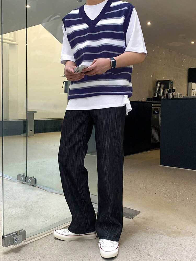 Men's Colorblock Striped Knitted Top, Suitable For Spring And Summer