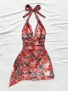 Soleia Abito aderente con scollo a V con stampa animalier e floreale, abito da vacanza, abito da spiaggia, abito da spiaggia con stampa floreale, abito da spiaggia rosso con stampa floreale, può essere indossato dentro o fuori, abito da vacanza per donna