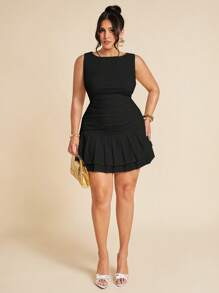 SHEIN BAE Váy ngắn hai lớp nhún bèo không tay màu trắng ôm sát cỡ lớn dành cho nữ, phù hợp cho mùa hè, thu/đông, váy xanh lá cây xô thơm - màu đen - Xem 7