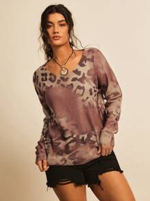 Freevana Suéter holgado de mujer con escote en V y estampado de leopardo, ropa de mujer estilo occidental, prendas de invierno para mujer de talla grande - Multicolor - Ver 4