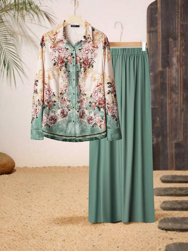 Mulvari Set de 2 piese pentru femei, mărime plus, pentru primăvară și toamnă, cu imprimeu floral, cămașă cu mânecă lungă și pantaloni cu talie elastică