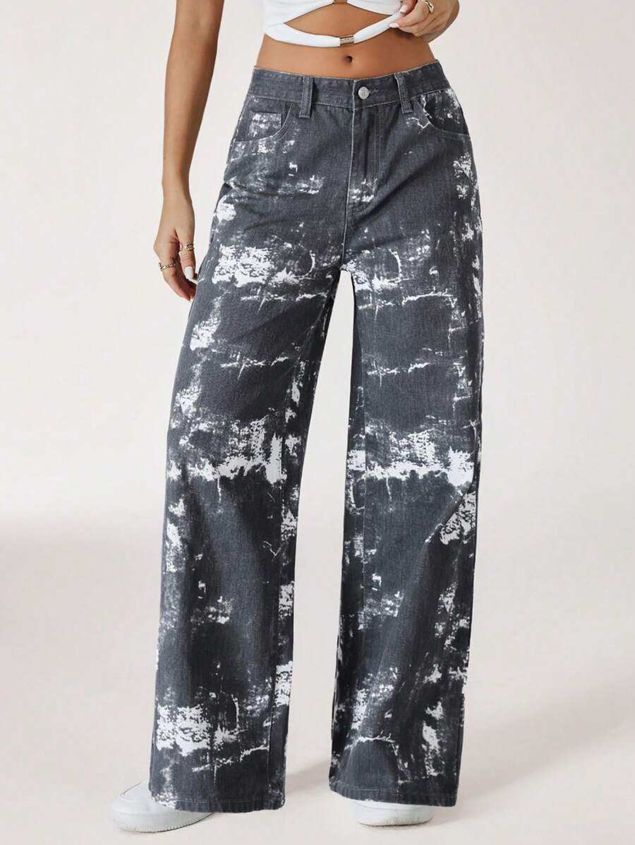 SHEIN EZwear Pantalones vaqueros holgados de pierna ancha con estampado de teñido anudado y talle bajo para mujer - Multicolor - Ver 1