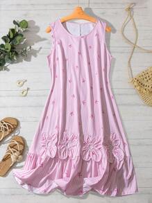 SHEIN LUNE Plus Size Women's Summer Butterfly Stripe Floral Decor Sleeveless Dress Tea Party Dress, Graduation Dresses For Women, Romantic And Elegant, Commute Vacation Outfits Minimalist, Simple & Fashionable Suitable For Daily Wear, 3D Flower Decoration On The Hem, Round Neck Sleeveless Fishnet Mini Dress Ins Blogger Outfits, Elegant Personalized Party, Elegant Daily Party Event Vacation Style, Holiday Outfits, Boho/Bohemian Waist-Slimming Mini Dress, - Pink - View 7