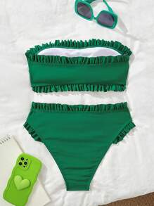 SHEIN 2-Piece Sexy Solid Color Flounce Trim Bandeau Bikini Set For Summer Vacation - Dark Green - View 3