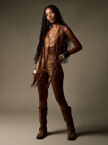 MISSGUIDED 系带短款套装西部节日沙漠装搭配流苏马甲波西米亚秋冬绒面革两件套 - 棕色 - 查看 3